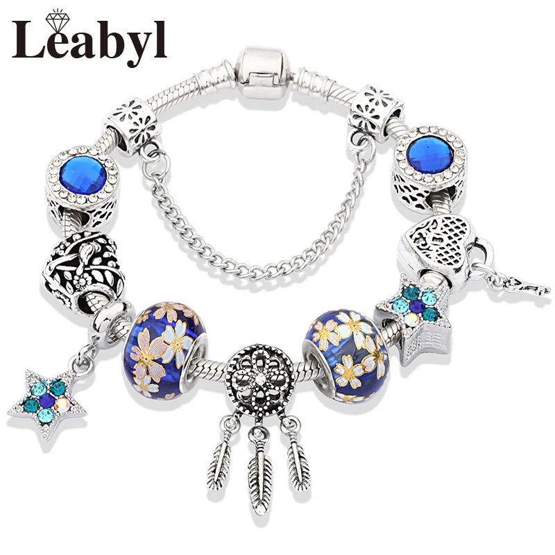 Dropshipping Silver Color Tree of Life Fashion Bead Bracelets Green Leaf Floral Crystal Charm Bracelet & Bangle Pulsera Jewelry