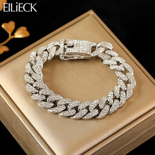 EILIECK Silver Color Cuban Chain Bracelet For Women Trendy Punk Waterproof Full Zircon Wrist Chain Jewelry Gift Party Pulseras