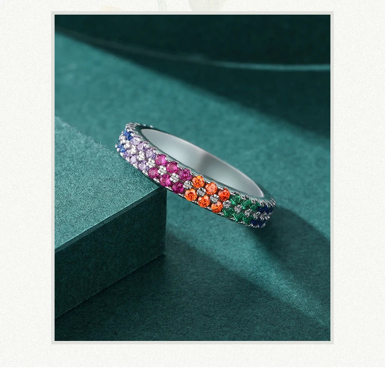 MODIAN Pure 925 Sterling Silver Bright Multi-color Cubic Zirconia Fashion Eternity Rings For Women Rainbow Color Fine Jewelry