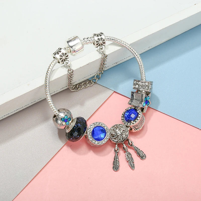 Online Hot Selling Charm Bracelets For Women With Blue Crystal Beads Star Hot-Air-Balloon Pendant DIY Bracelets Fashion Jewelry