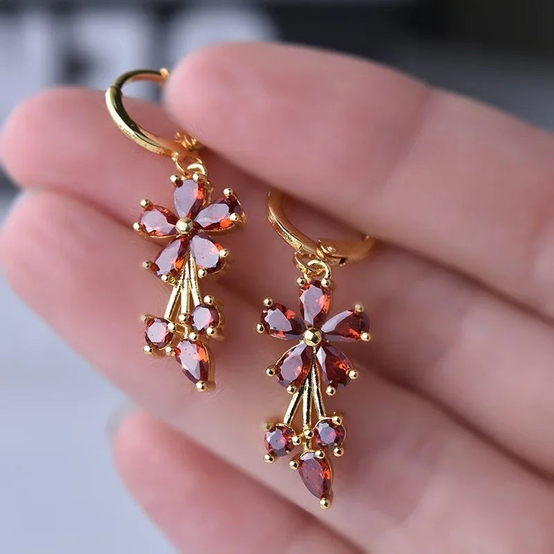 Luxury Gold Color Flower Shape Women Drop Earrings Inlaid Shiny Multicolour Cubic Zirconia Top Quality Fashion Banquet Jewelry