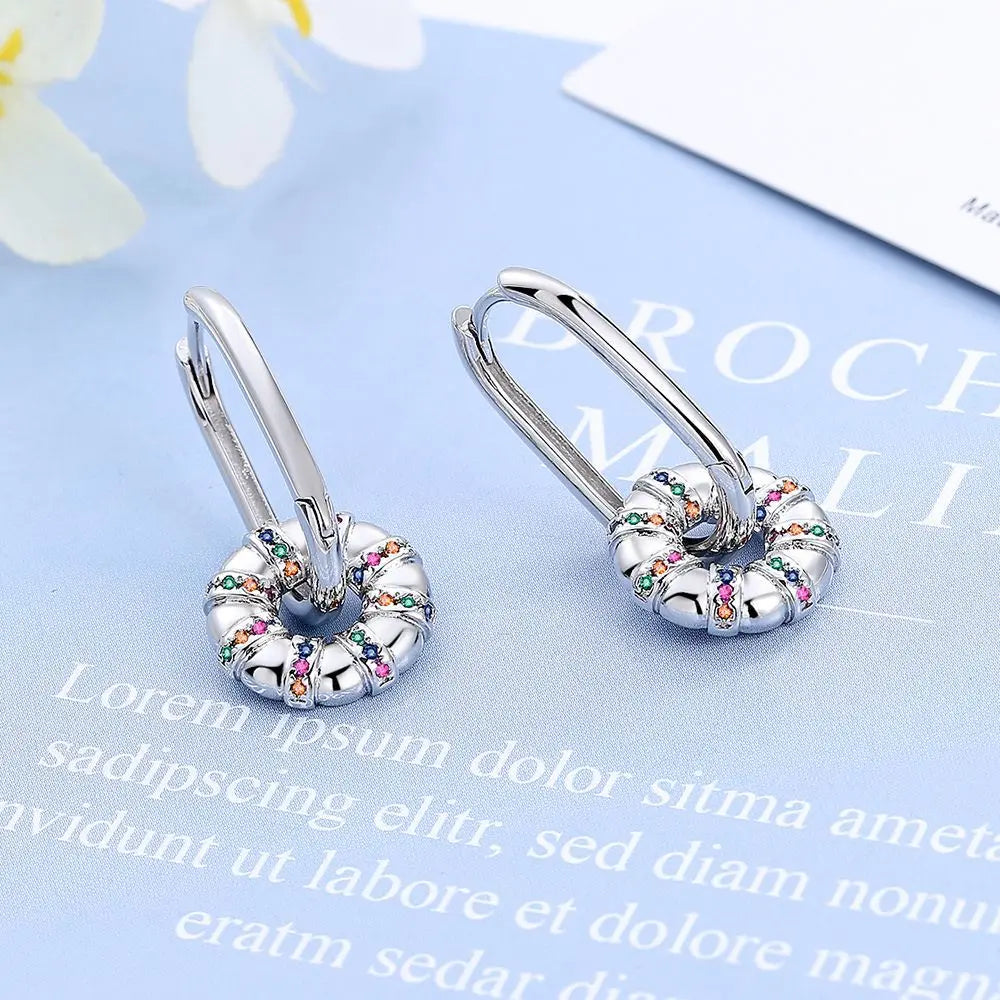 Fashionable 925 Sterling Silver Earrings Colorful Zirconia Round Wheel Earrings Simple Smooth Earrings for Women