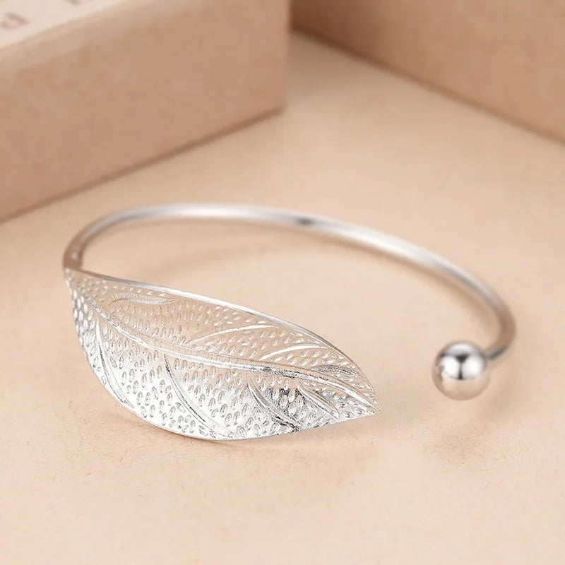 Fashion 925 Sterling Silver Woman Cuff Bracelet Open Leaf Shaped Adjustable Charm Bangle Bracelets Luxury Party Jewelry Gifts