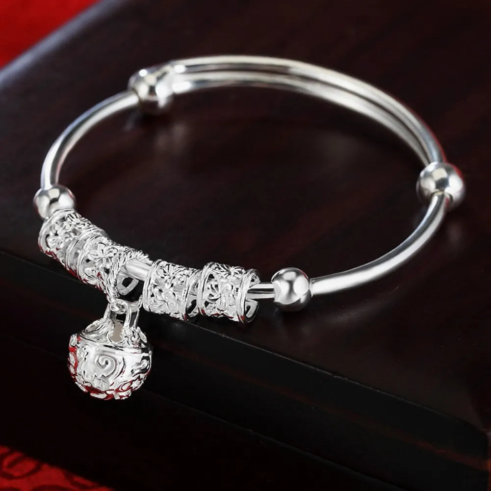 Fine 925 Sterling Silver hollow Bells ball bangles adjustable Bracelets for Women Fashion Holiday gifts Party wedding Jewelry