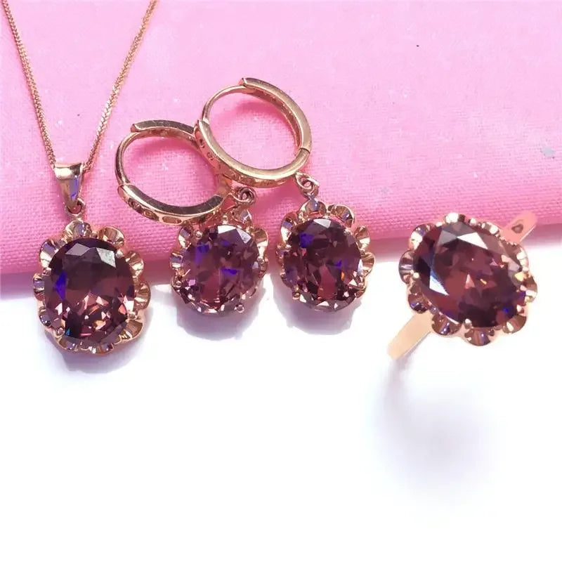 Plated 14K Rose Gold Inlaid Gemstone Earrings for Women Sunflower Luxury Exquisite High Jewelry Set