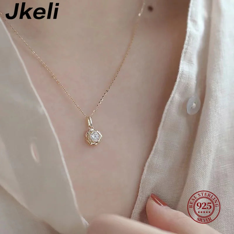 Jkeli 925 Sterling Silver Plated 14k Gold Shiny Zircon Flower Necklace for Women Girl Korean Temperament Exquisite Jewelry Gifts