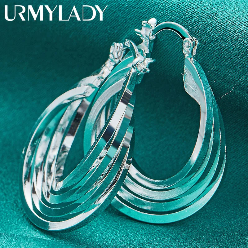 URMYLADY 925 Sterling Silver 25mm Multiple Rings Earrings Ear Loops for Women Charm Wedding Engagement Fashion Party Jewelry