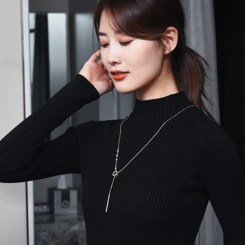 Women's Fashion Long Sweater Chain Pendant Necklaces Shiny Micro Crystal Round Circle Drop Female Trendy Necklace Accessories