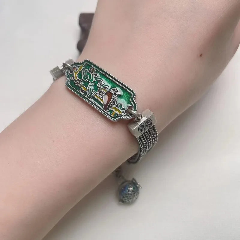 Vintage Palace Style Exquisite Green Enamel Magpie Bracelet for Women Classical Coarse Chain Bangles 925 Silver Jewelry