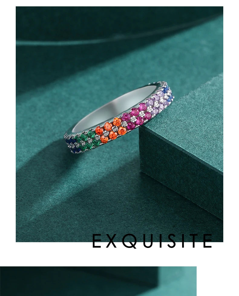 MODIAN Pure 925 Sterling Silver Bright Multi-color Cubic Zirconia Fashion Eternity Rings For Women Rainbow Color Fine Jewelry