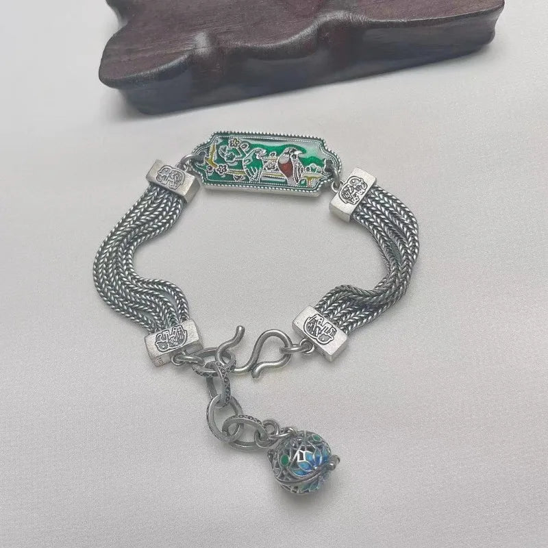 Vintage Palace Style Exquisite Green Enamel Magpie Bracelet for Women Classical Coarse Chain Bangles 925 Silver Jewelry