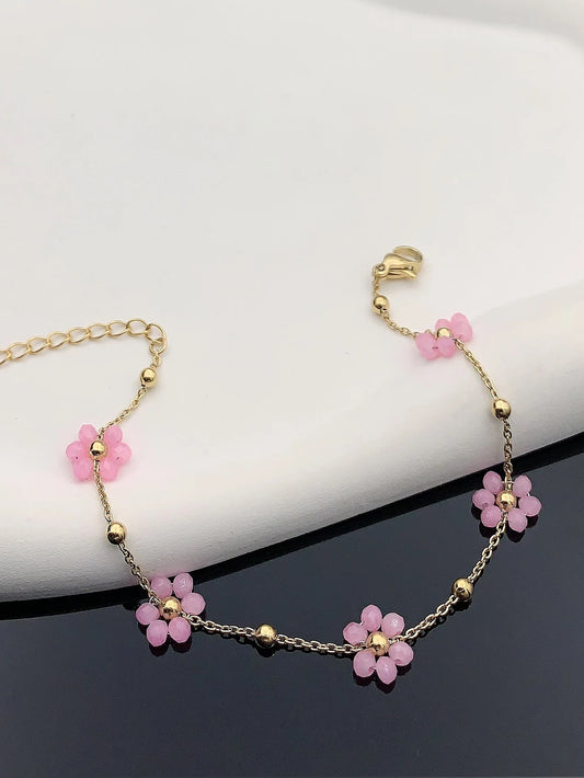 1 fashion girls new pink small flower beade bracelet birthday gift Dance party Back-to-school season wedding season Bozmian