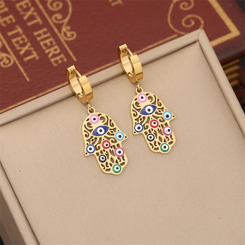 316L Stainless Steel New Fashion Fine Jewelry Zircon Colorful Eyes Palm Heart Charm Chain Necklaces Bracelets Earrings For Women