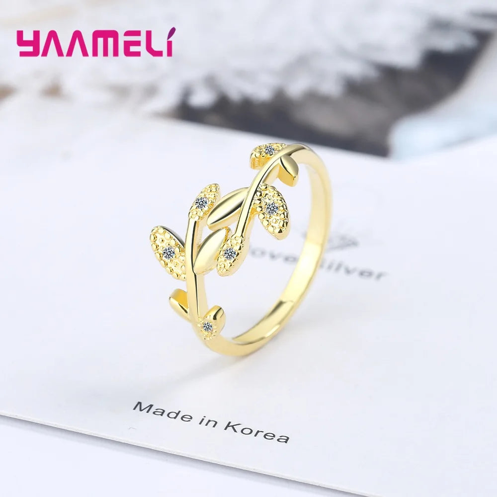 New Crystal 925 Sterling Silver Tree Branch Leaf Adjustable Finger Wedding Rings S925 Zircon Open Ring Glamour Jewelry Gift