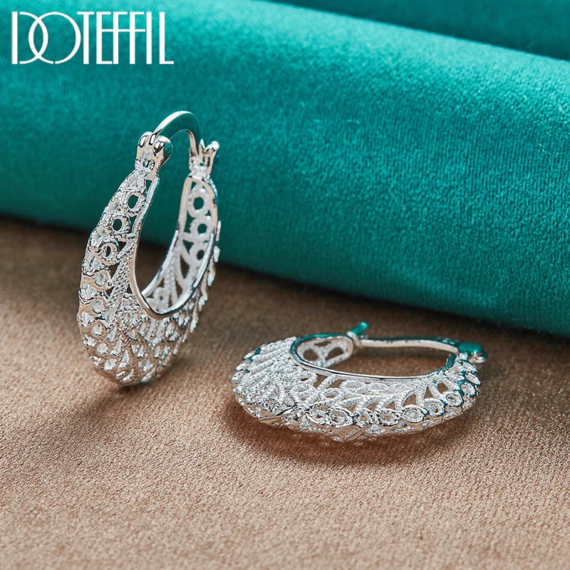 DOTEFFIL 925 Sterling Silver Hollow Flower U Circle Earrings For Women Lady Best Gift Fashion Charm Silver Wedding Jewelry