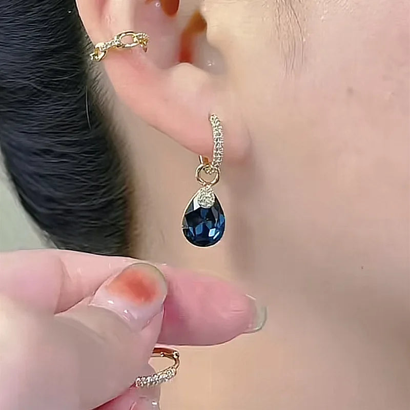 Exquisite Blue Drop-shaped Crystal Pendant Earrings For Women Fashion Personalized Daily Accessories Party Jewelry Birthday Gift