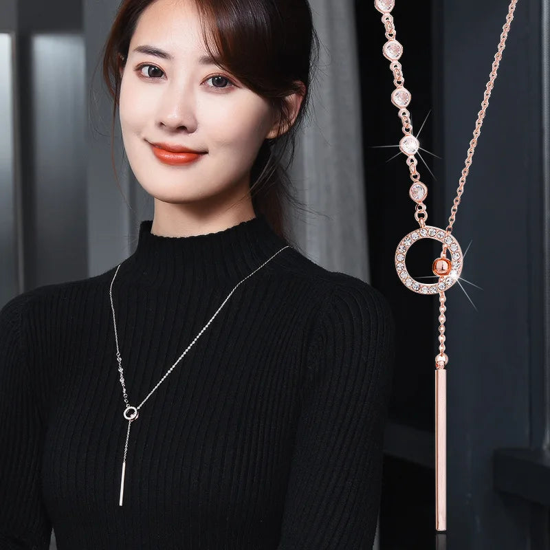 Women's Fashion Long Sweater Chain Pendant Necklaces Shiny Micro Crystal Round Circle Drop Female Trendy Necklace Accessories