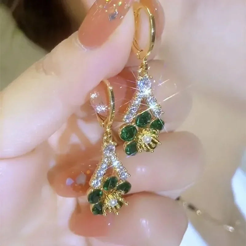 New Summer Luxury Green Crystal Flower Earrings for Women Fashionable Personalized Daily Accessory Party Jewelry Birthday Gifts