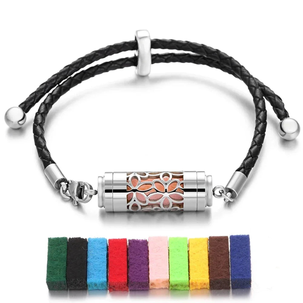 Black Leather Aromatherapy Bracelet Stainless Steel Locket Essential Oil Diffuser Bracelet Leather Charm Bracelets Aroma Jewelry