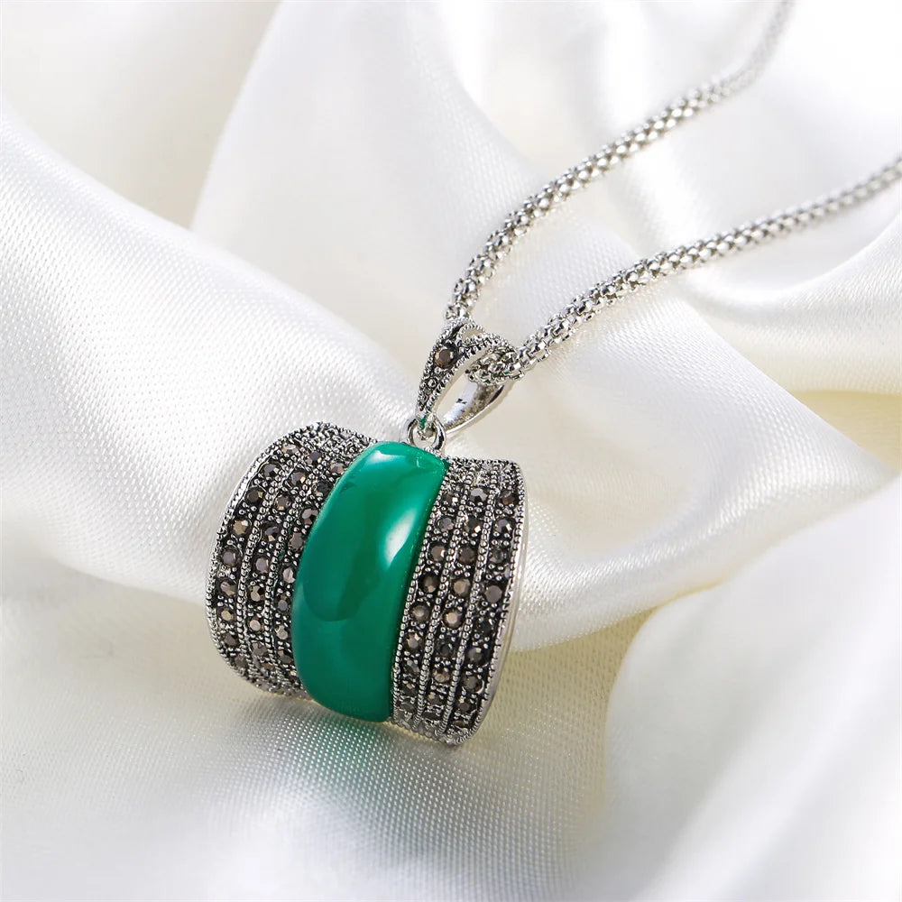 Ajojewel Original Designer Antique Silver Color Women Jewelry Set Geometric Green Stone Ring Necklace And Earrings Sets