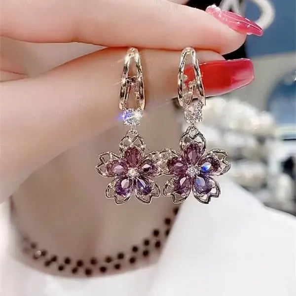 Korean Light Luxury Crystal Flower Earrings for Women Pink Sweet Cherry Blossom Zircon Earrings Girls Party Jewelry Bijoux Gifts