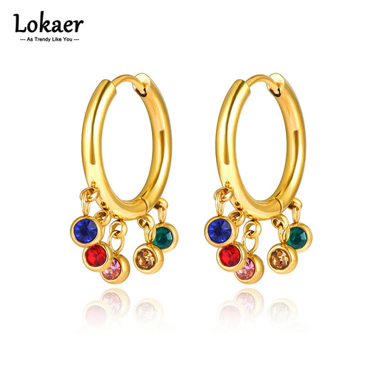 Lokaer Stainless Steel Bohemia Hoop Earrings Goth 18K Gold Plated Colorful Cubic Zirconia Earring Jewelry For Women Girls E21209