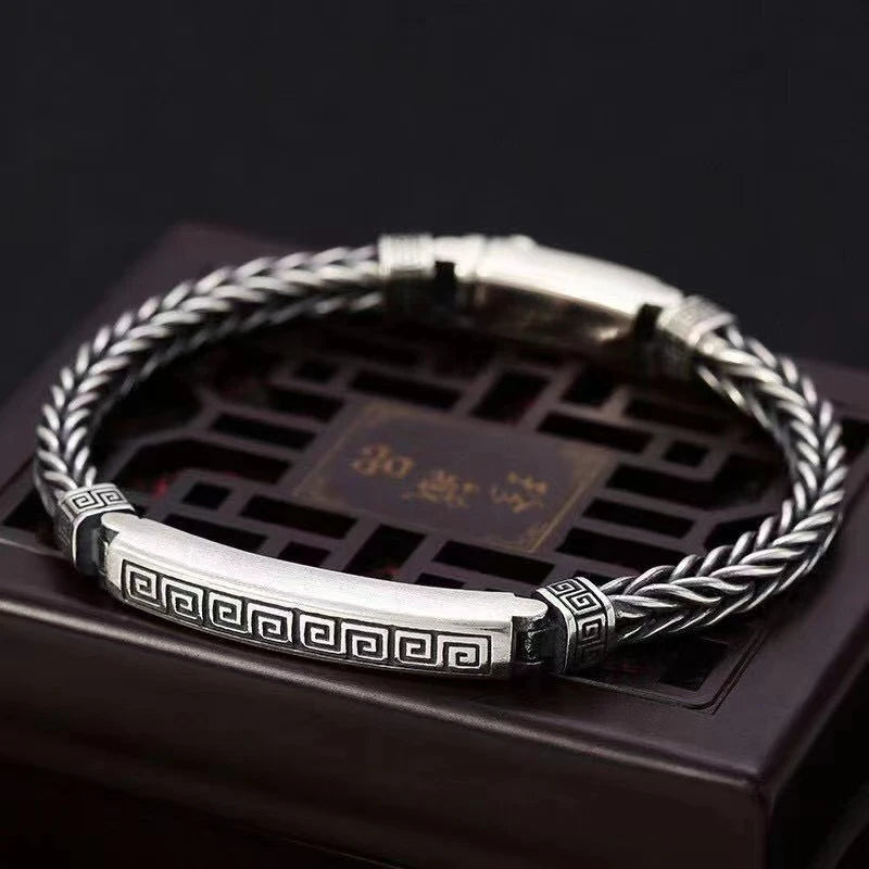 New Silver Color Hemp Rope Keel Men 4mm Bracelet Silver Tide Fashion All-Match Casual Retro Handmade Chinese Style Jewelry