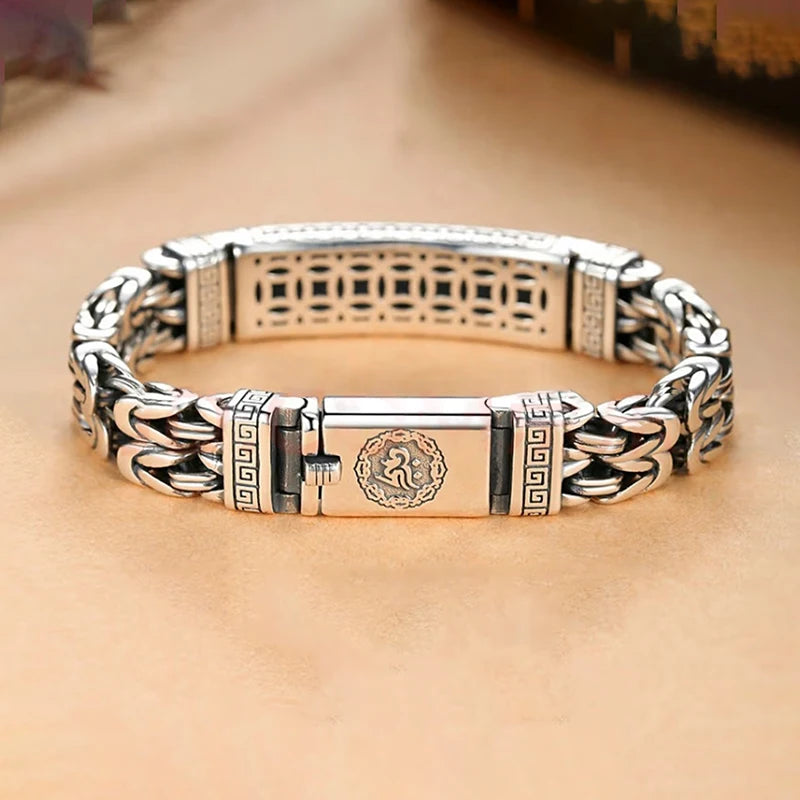 Style Retro 925 Silver Bracelet Woven Snap Double Rows Row Square Chain Six-Character Mantra Bracelet Men Party Jewelry Gift