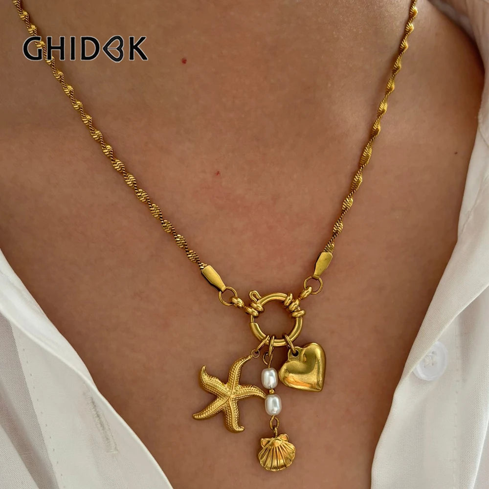 GHIDBK Stainless Steel Chunky Heart Starfish Shell Pendant Necklace for Women Imitation Pearl Flat Snake Chain Trendy Jewelry