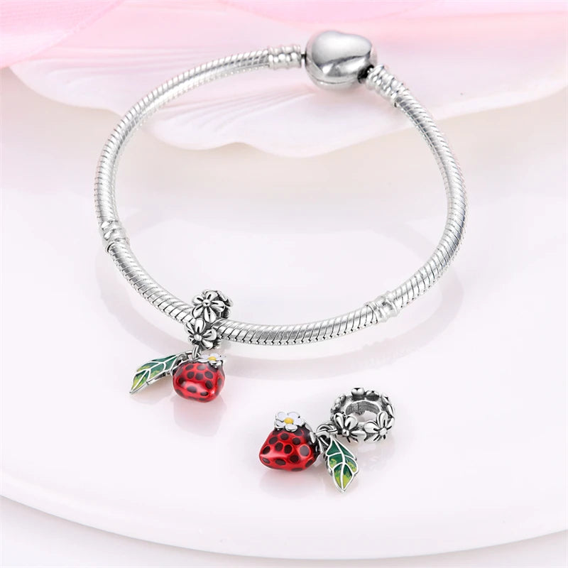 New 925 Silver Color Strawberry Cherry Fruit Series Charms Beads Fit Pandora 925 Original Bracelets DIY Birthday Jewelry Gifts