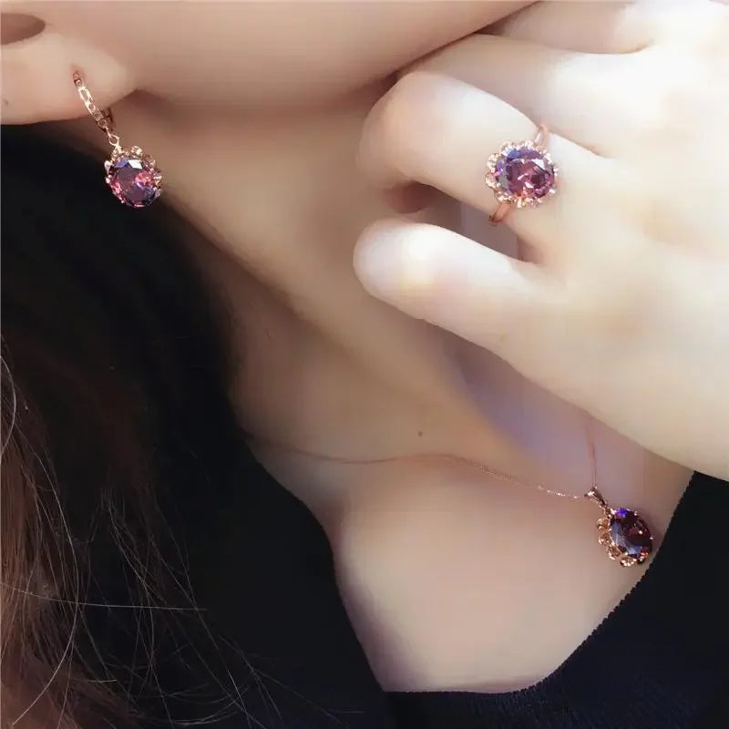 Plated 14K Rose Gold Inlaid Gemstone Earrings for Women Sunflower Luxury Exquisite High Jewelry Set