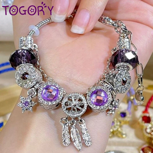 TOGORY Crystal Purple Star Charm Bracelet With Lobster Clasp Adjustable Size Chain Bracelets For Women Jewelry Gift Wholesale