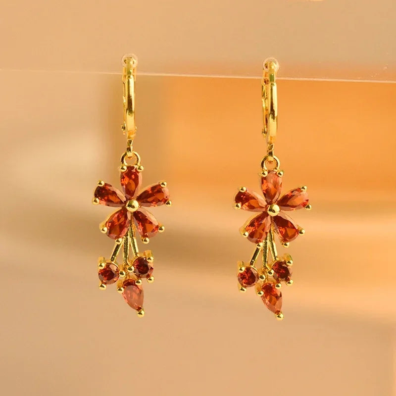 Luxury Gold Color Flower Shape Women Drop Earrings Inlaid Shiny Multicolour Cubic Zirconia Top Quality Fashion Banquet Jewelry