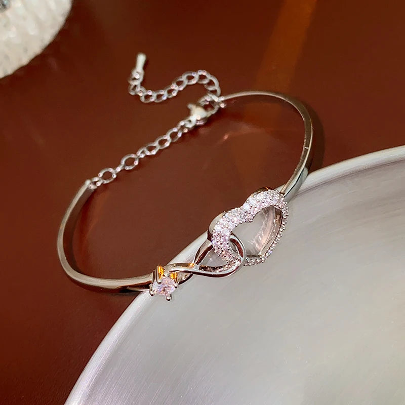 Peach Heart Love Bracelet Bangle Women's Fashion Temperament Zircon Bracelet Light Luxury Link Chain Bracelets Wristband Jewelry