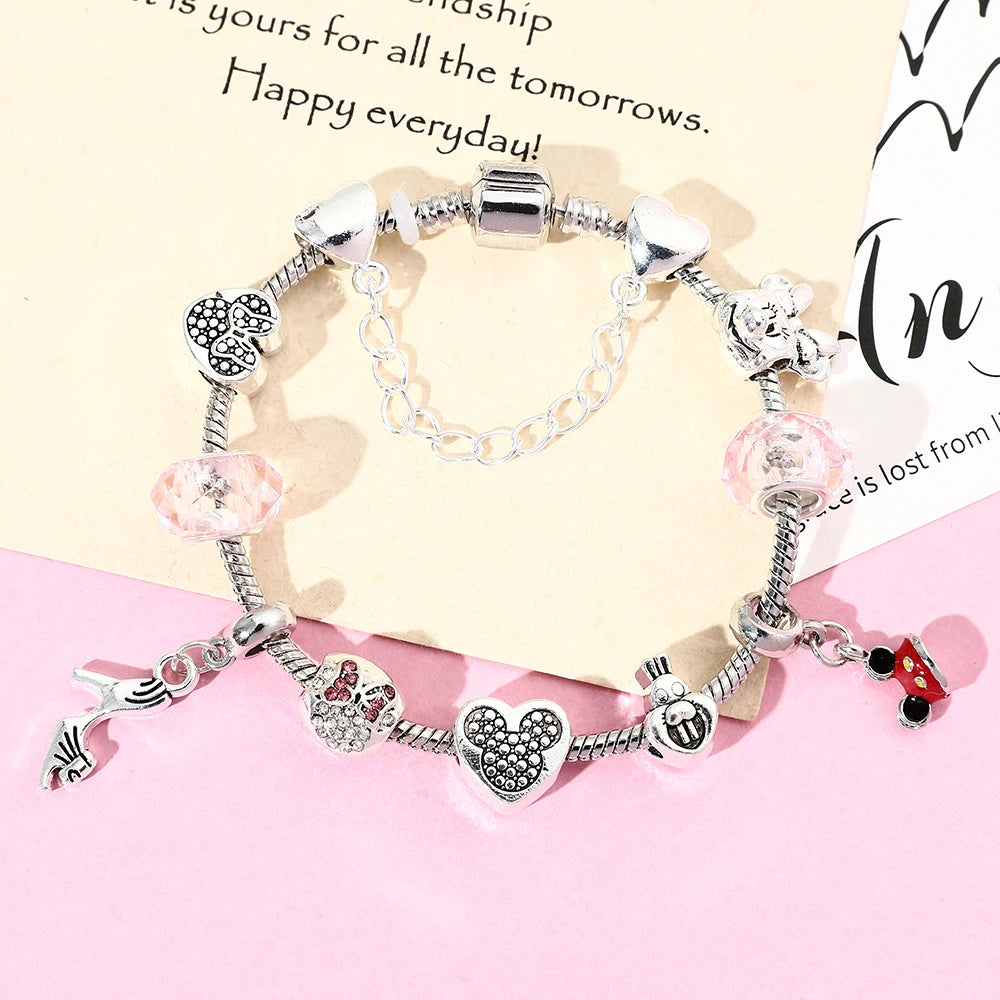 Disney Cute Pink Crystal Mickey Minnie Charm Bracelet Silver Color Heart Bead Bracelets for Women Girl Fashion Jewelry Gift