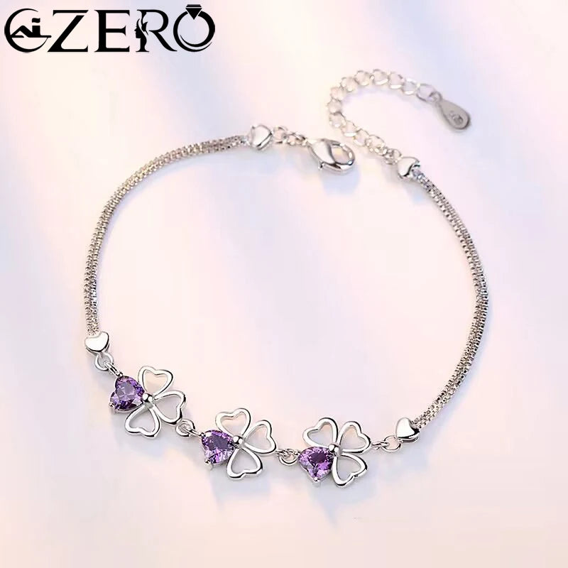 NEW Fine 925 Sterling Silver Purple Crystal Lucky Clover Bracelets for Women Fashion Party Wedding Accessories Jewelry 17CM+4CM