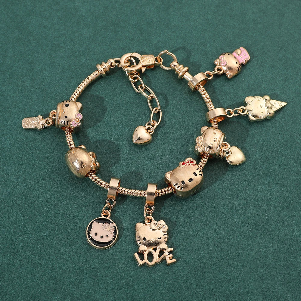 Hello Kitty Charms Bracelets for Women, Anime Figure, Beads Pendant, Hand Chains, Kawaii, Sanrio, Fashion Bangles Accessories