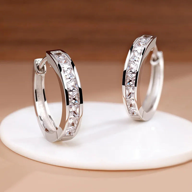 925 Silver Needle Piercing Zircon Circle Hoop Earring For Women Girls Jewelry Gift EH1005