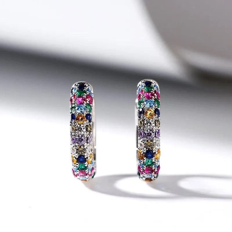 New Fashion Silver Plate Round Mini Earrings Set Half Hoop Colorful Zircon Ladies Luxury Jewelry Hoop Earrings for Woman Gifts