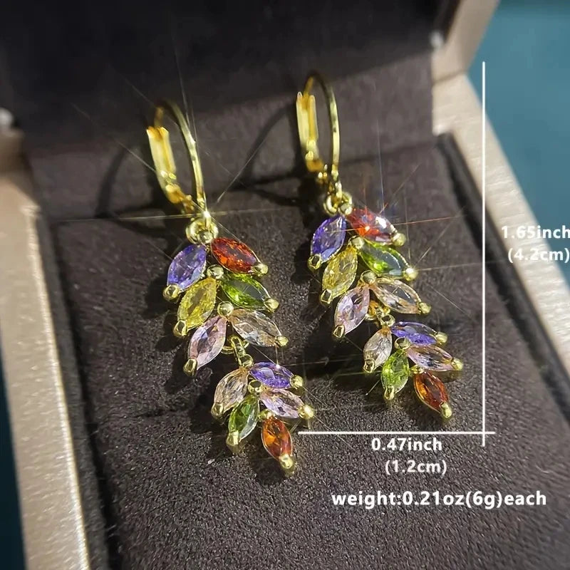 Long Leaf Pendant Earrings For Women's Elegant Earrings, Colored Zircon Earrings, Exquisite Jewelry Gifts