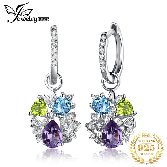 JewelryPalace Natural Amethyst Blue Topaz Peridot Chrome Diopside Flower Dangle Drop Earrings 925 Sterling Silver Women Jewelry