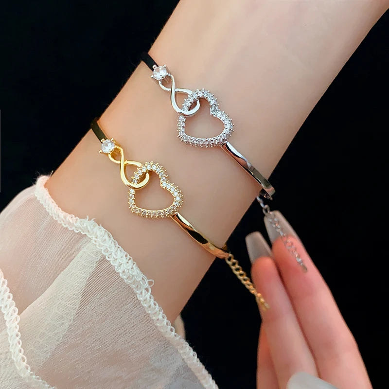 Peach Heart Love Bracelet Bangle Women's Fashion Temperament Zircon Bracelet Light Luxury Link Chain Bracelets Wristband Jewelry