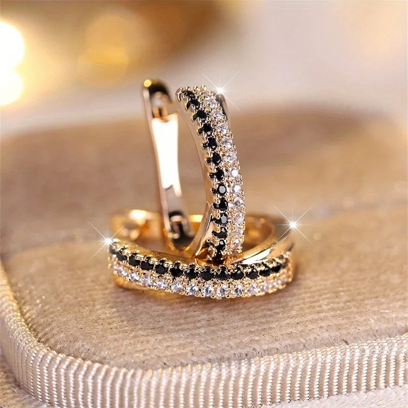 Hot Selling Trendy Crystal Earrings For Women Black And White Zircon Fashion Champagne Gold Color Earrings Wedding Jewelry Gifts