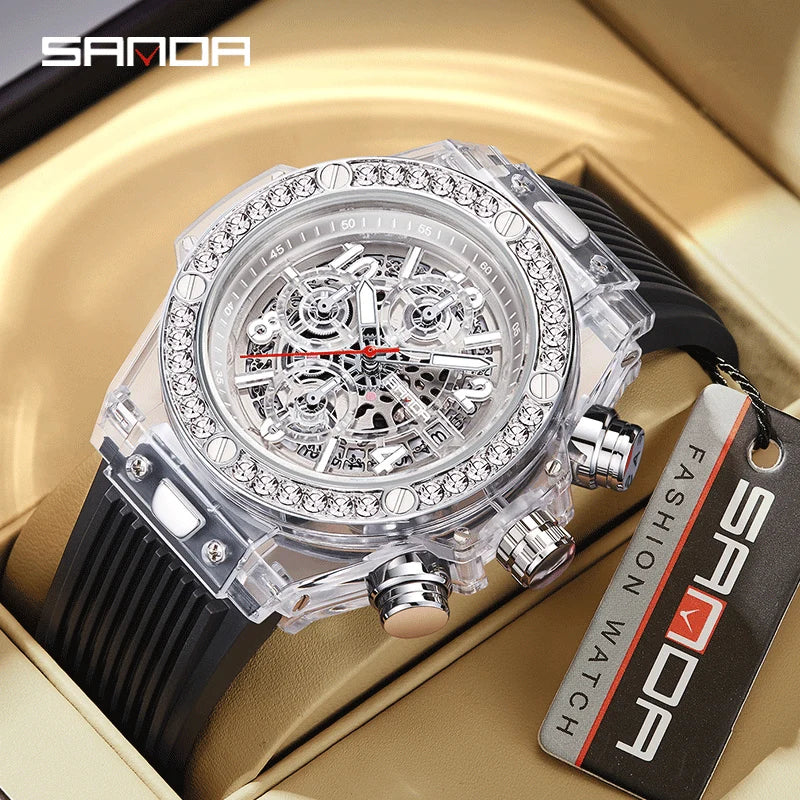 SANDA Fashion Brand Men Quartz Watches Luxury Water Diamond Business Mens Watch Waterproof Chronograph High Quality Men Watch