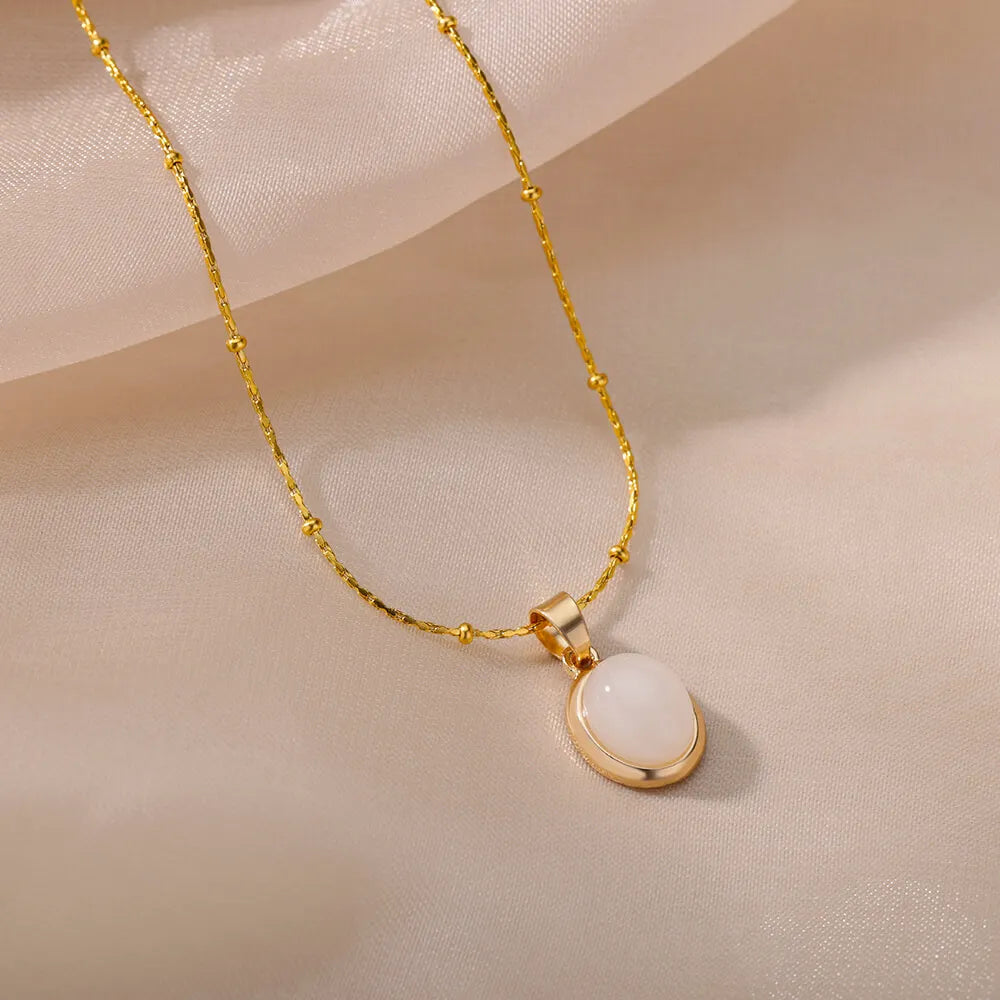 Kpop Stainless Steel Necklace for Women Transparent Moonlight Stone Ellipse Pendant Thin Chain Vintage Jewelry Gift New In