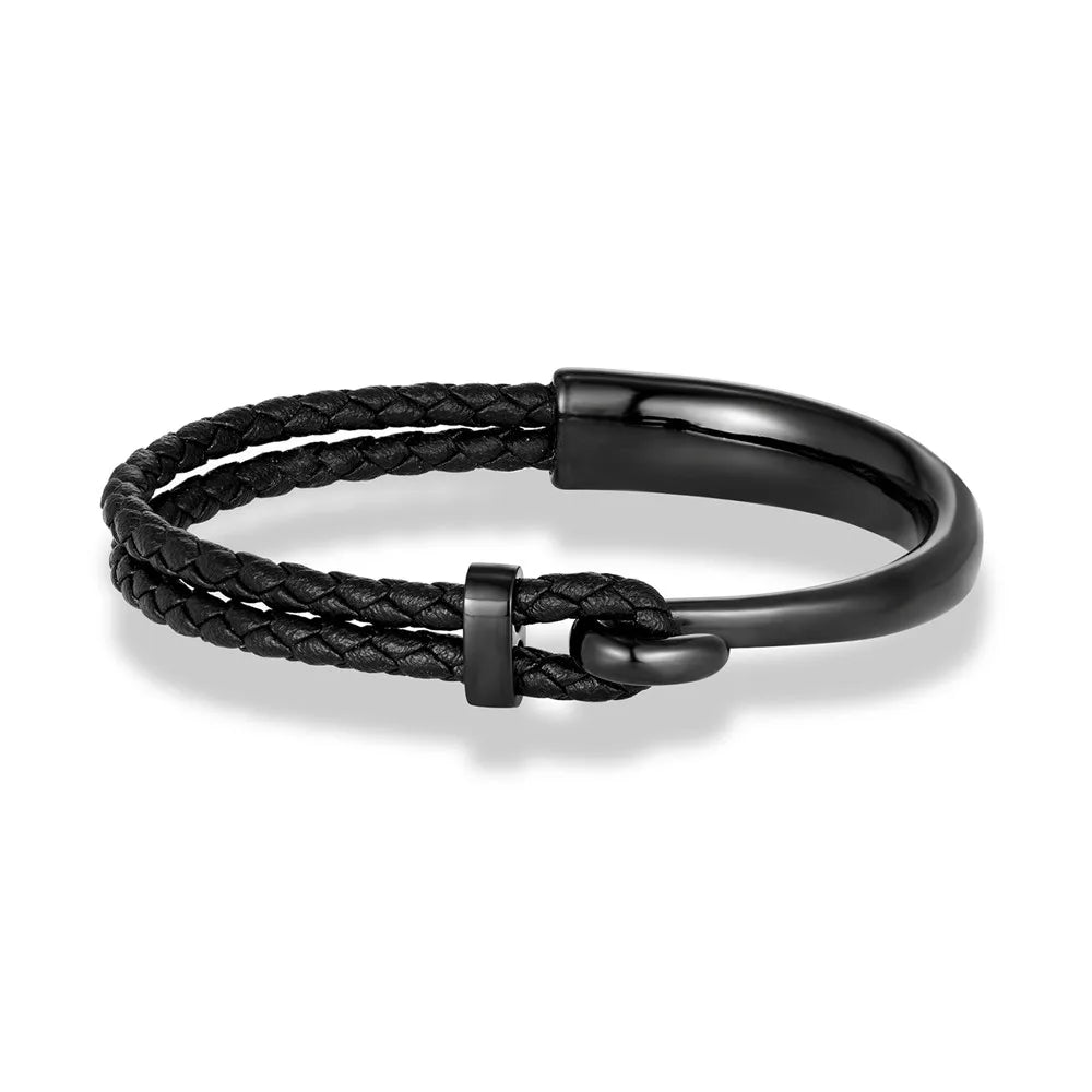 Trendy Black Braided Leather Bracelet Non-fading Polished Stainless Steel Hook Classic Cuff Charm Bracelet for Men Male Gifts