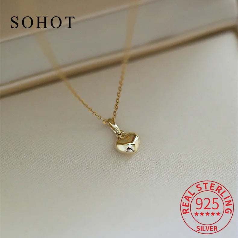 Real 925 Sterling Silver Glossy Stereoscopic Heart Pendant Necklace for Women Party Cute Fine Jewelry Minimalist Accessories