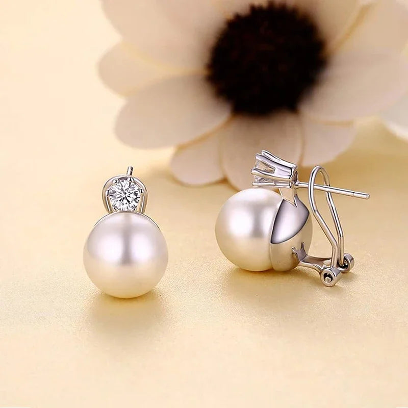 Huitan Exquisite Imitation Pearl Stud Earrings for Women with Bright Cubic Zirconia Elegant Engagement Wedding Jewelry Girl Gift