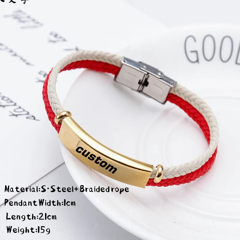 Custom Logo Name Engrave Leather Bangle Hand Made Bracelet Customized Stainless Steel Bracelets For Men ID Bracelet Jewelry Gift