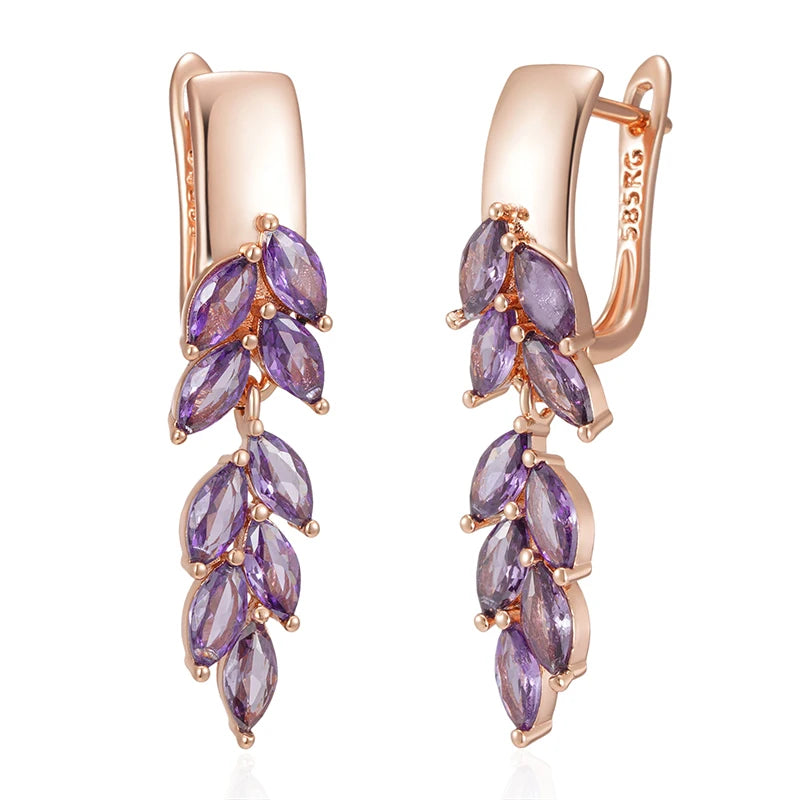 SYOUJYO Purple Natural Zircon Leaf-Shaped Dangle Earrings For Women 585 Rose Gold Color Fashion Jewelry